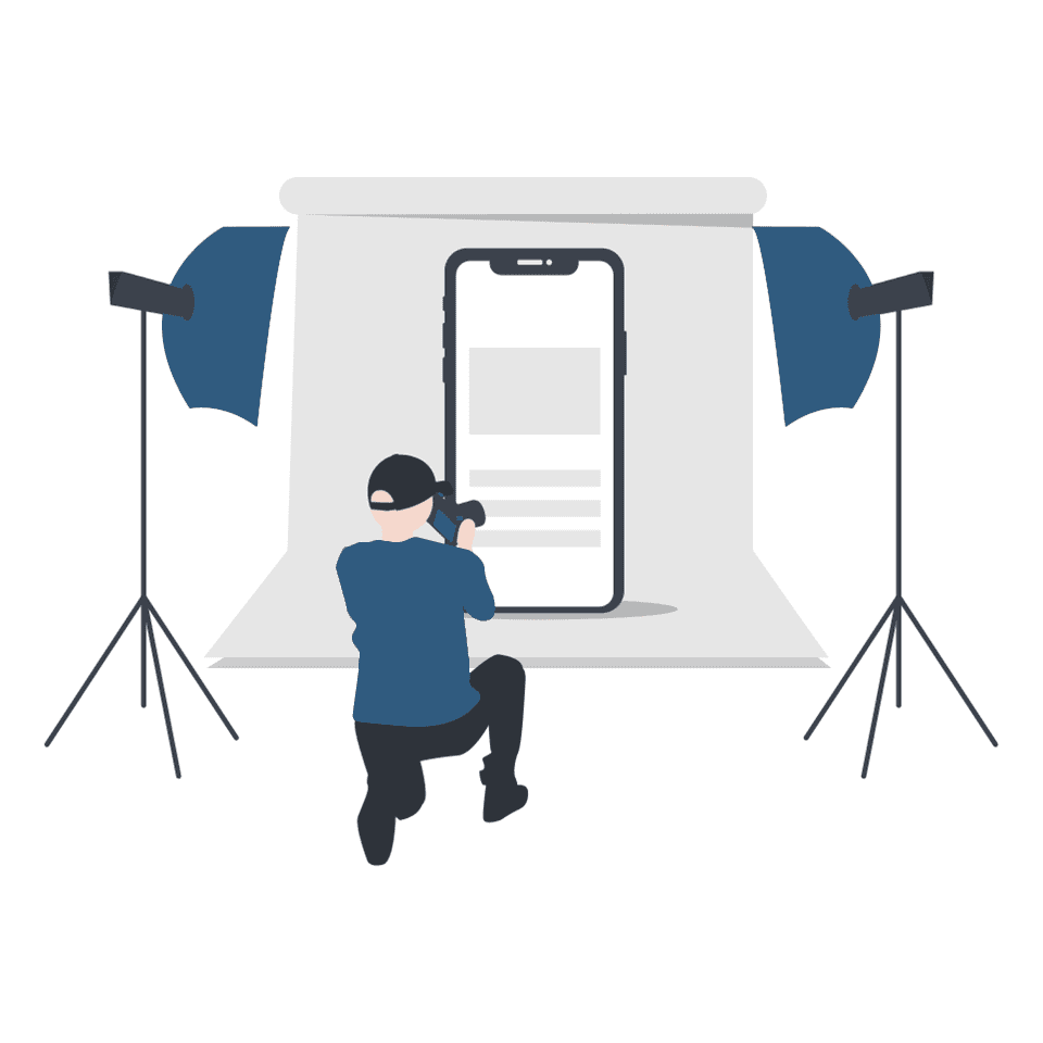 En animert fotograf som filmer en mobiltelefon som står foran et lerret med to lyskastere som peker på telefonen, filmreklame, streaming og film
