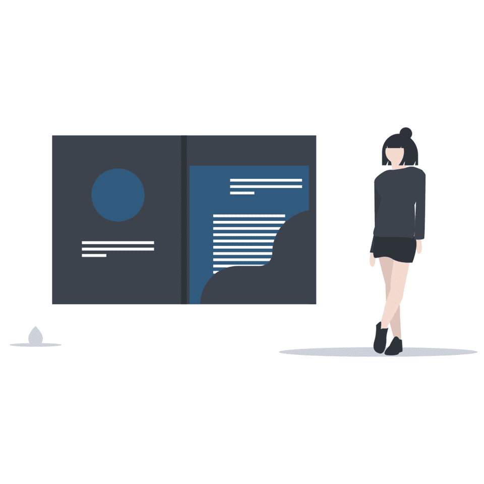 En animert kvinne som står ved siden av en perm med tekst inni og en logo som skal illustrere profileringsutstyr, profilering, bli sett