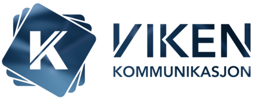 Logoen til viken kommunikasjon, 3 overlappende skiver med gradient med en K i midten der det går en strek gjennom K-en som blir til en V, med Viken Kommunikasjon skrevet på siden