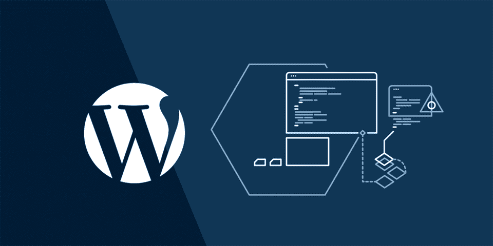 Illustrasjonsbilde av nettarkitektur og struktur med kode og skjermer som er koblet opp mot hverandre med en wordpress-logo, wordpress-nettsider, nettside-utvikling, webutvikling