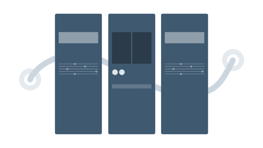 Tre servere som står ved siden av hverandre, nettside-hosting, webhotell, servere